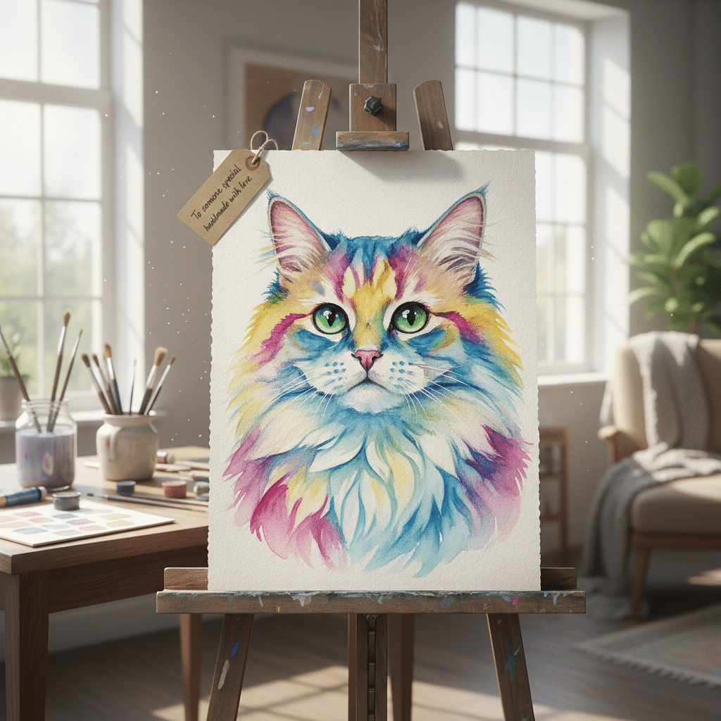 Watercolor painting of a colorful cat on an easel in a sunlit art studio, surrounded by painting supplies.