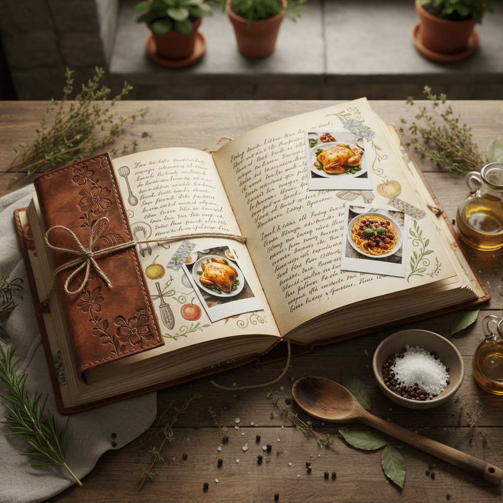 Open recipe book with colorful food photos, spices, and herbs on a rustic wooden table, creating a cozy kitchen vibe.