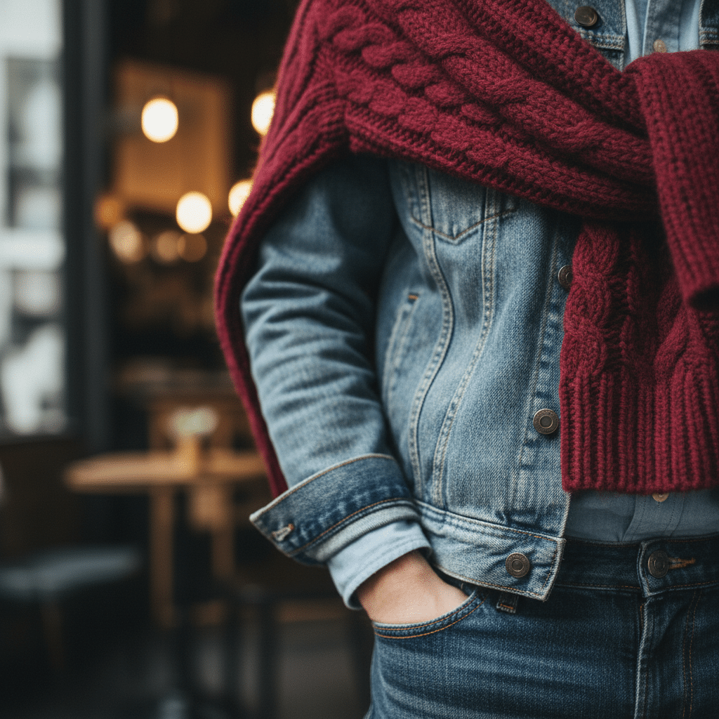 Person in a cozy red scarf and denim jacket in a café setting, hand casually in pocket, conveying a stylish, relaxed look.