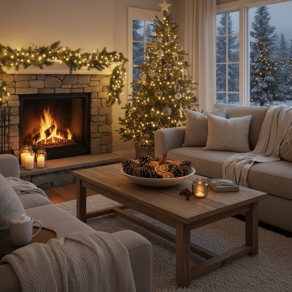 image - Handy Home Cozy living room with Christmas tree, lit fireplace, and festive decor. Warm and inviting holiday ambiance.