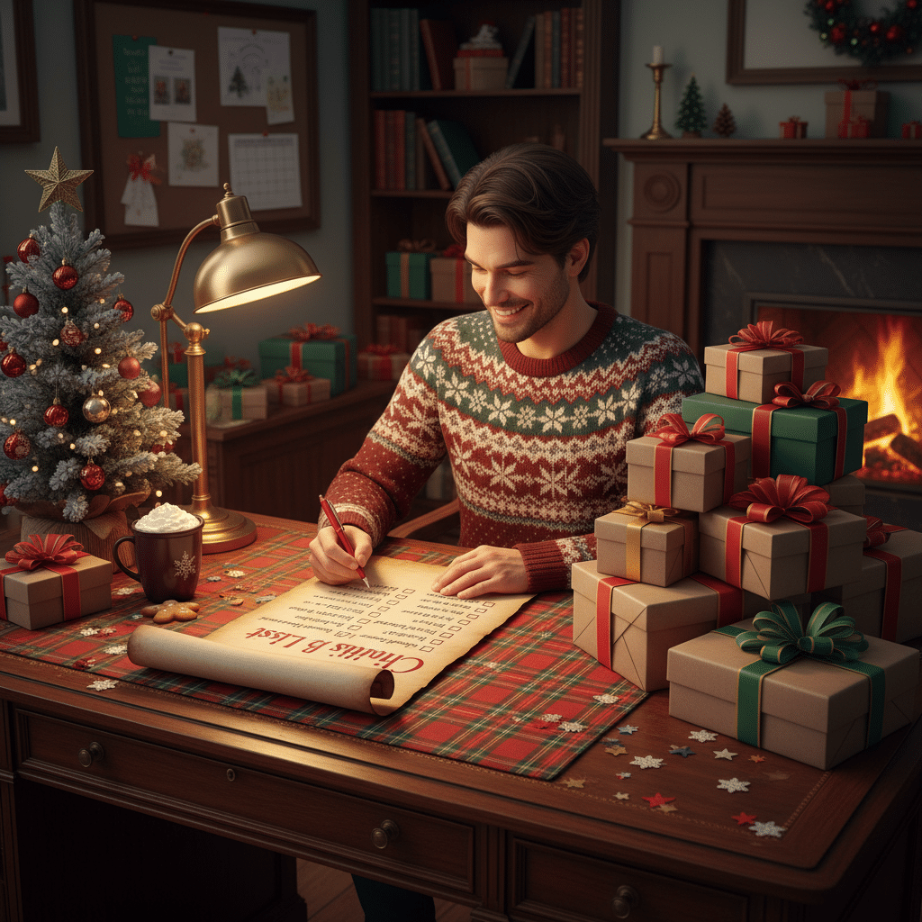 image - Handy Home Man in festive sweater writing Christmas list by a cozy fireplace, surrounded by gifts, a decorated tree, and warm holiday decor.