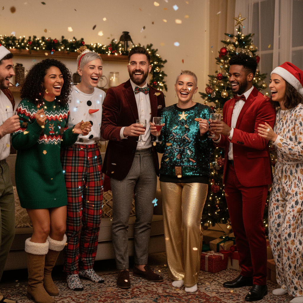 image - Handy Home Group of friends celebrating at a festive Christmas party with drinks, Christmas tree, and holiday decor in the background.