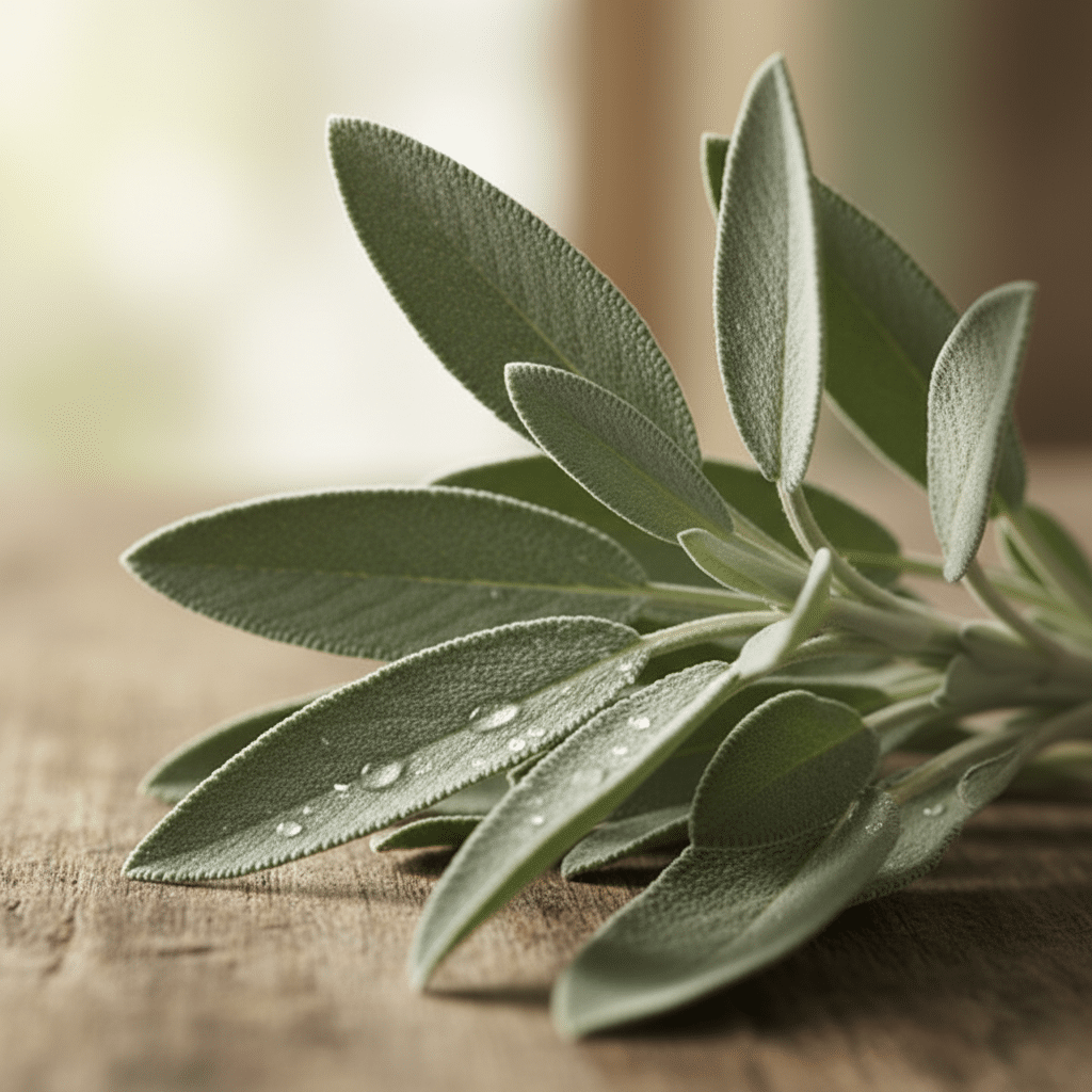 Fresh sage leaves with dew drops on a wooden table, highlighting their vibrant green color and natural texture.