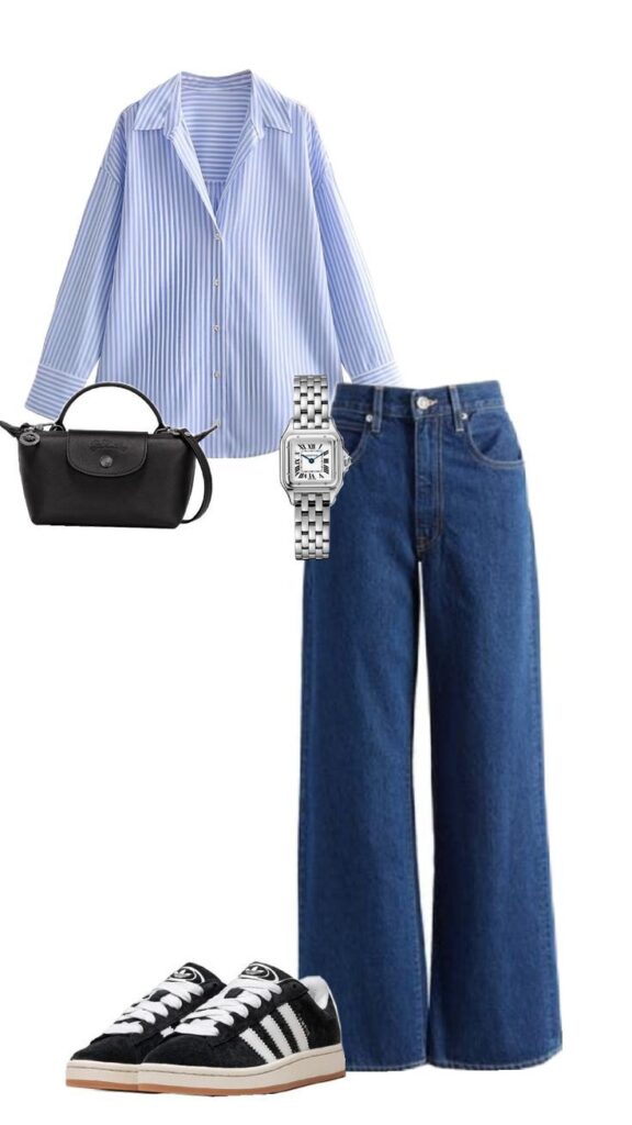 Casual outfit: blue striped shirt, jeans, black sneakers, black handbag, silver watch. Perfect for everyday style.