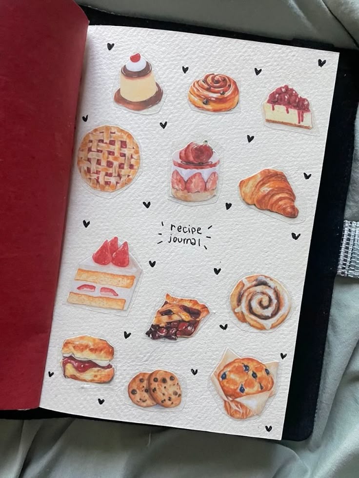 Recipe journal page with illustrated pastries and desserts like pie, croissant, muffins, and cookies. Cute and delicious artwork.