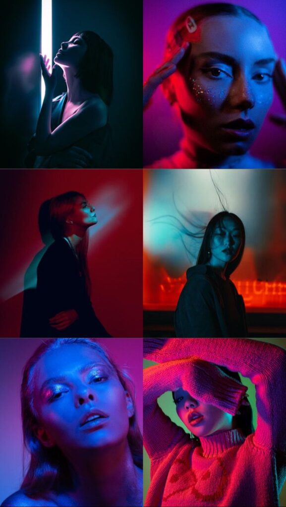 rwstgbart - Handy Home Collage of women in artistic neon lighting, showcasing vibrant red and blue tones with creative poses and expressions.