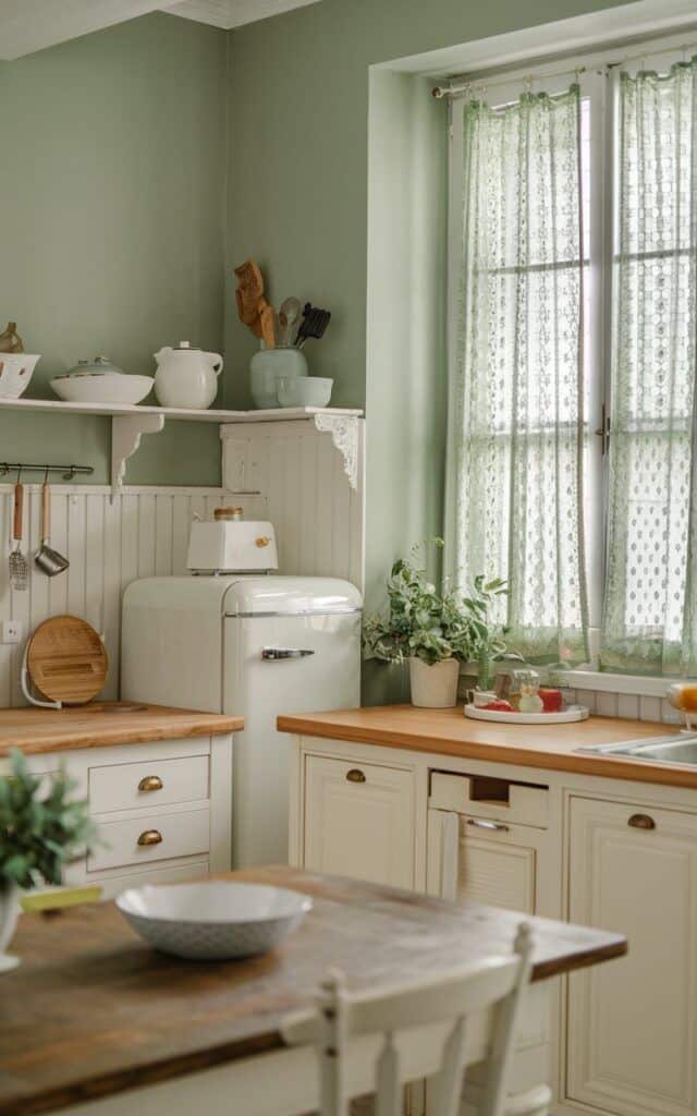 Cozy vintage kitchen with green walls, wooden countertops, retro fridge, plants, and lace curtains letting in sunlight.
