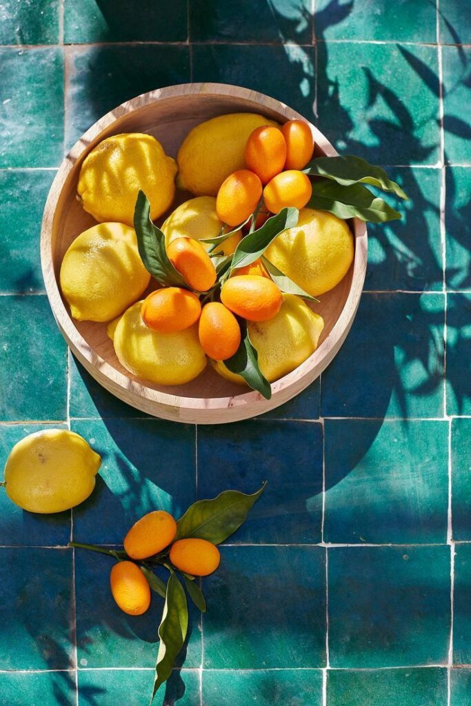 sghbzrt - Handy Home Bowl of fresh lemons and kumquats on turquoise tiles, with sunlight and shadows creating a vibrant, summery feel.