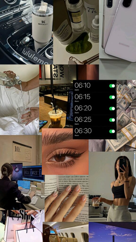 vision board ✨️ by_ me - Handy Home Collage of lifestyle elements: coffee, skincare, work setup, money, fitness, and luxury travel. Perfect inspiration for motivated mornings.