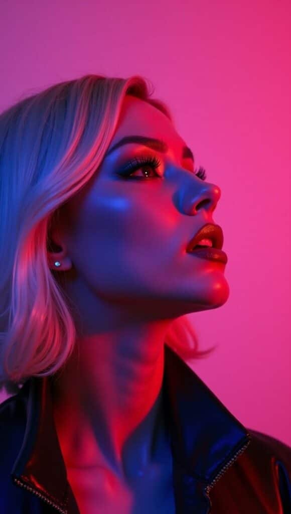 wrgbar - Handy Home Woman in vibrant pink and blue lighting gazing upward, wearing a leather jacket. Glamorous, futuristic look.