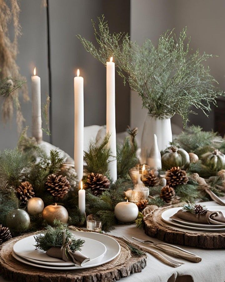_🌍✨ This holiday season lets decorate with - Handy Home Elegant holiday table setting with candles, pinecones, greenery, and rustic wood elements for a festive and cozy atmosphere.