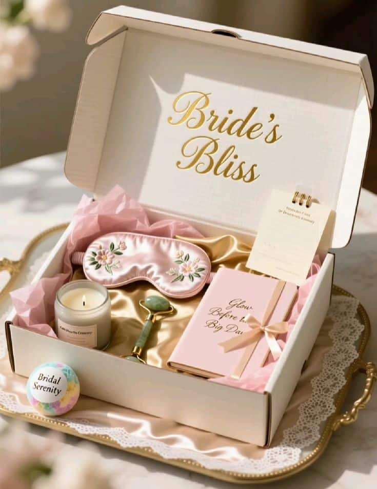 Bridal gift box with eye mask, candle, jade roller, and notebook for relaxation before the wedding.