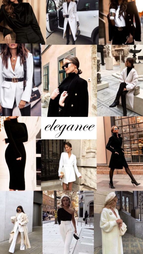 Collage of stylish women in elegant black and white outfits, showcasing modern fashion trends and sophistication.