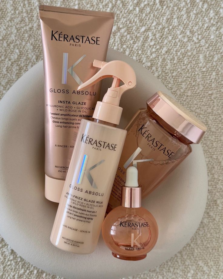 04f5fdef-cd45-463c-92cc-2f0015da8c1b - Handy Home Kerastase Gloss Absolu haircare products displayed in a bowl, featuring anti-frizz and gloss-enhancing formulas.
