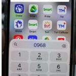 Phone displaying dial pad with 0968 number query, apps of various mobile networks visible: Globe, Smart, Sun Cellular, TM.