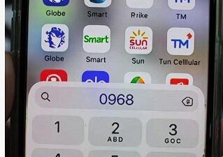 Phone displaying dial pad with 0968 number query, apps of various mobile networks visible: Globe, Smart, Sun Cellular, TM.