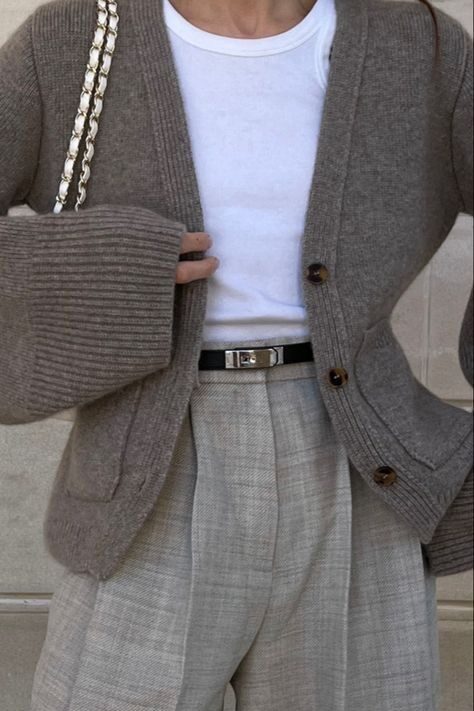 0e6eed63-fb50-40c4-b66e-339859212ba2 - Handy Home Fashionable beige cardigan and trousers paired with a white tee and elegant belt, showcasing chic casual style. Minimalist Fashion