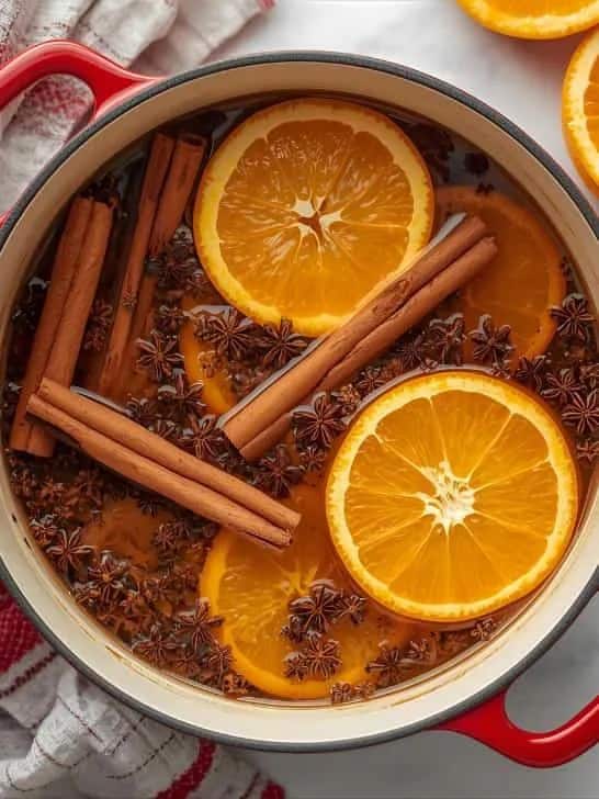 10 Christmas Simmer Pot Recipe for a Cozy Festive Holiday Aroma - Handy Home Pot of fragrant mulled cider with orange slices, cinnamon sticks, and star anise, perfect for cozy winter gatherings.