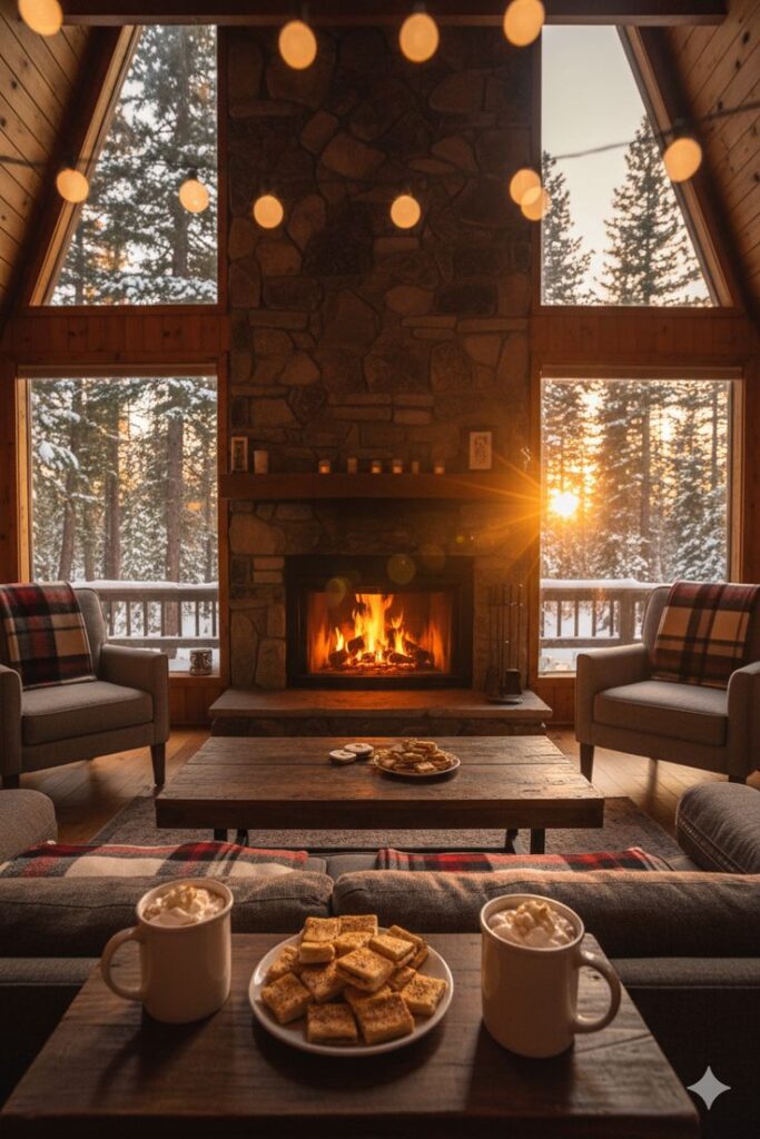 10 Cozy Cabin Trip Ideas for the Ultimate Hygge Getaway Cozy cabin interior with stone fireplace, winter view, hot cocoa, and snacks on table, perfect for a relaxing winter getaway. - Handy Home Cozy cabin interior with stone fireplace, winter view, hot cocoa, and snacks on table, perfect for a relaxing winter getaway.
