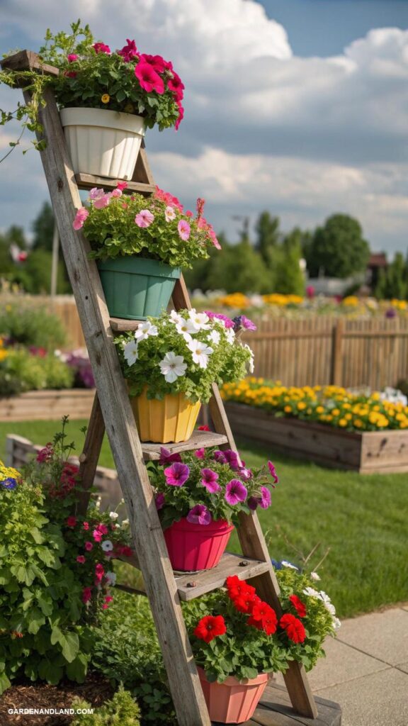 10 Cute Flower Pot Arrangement Ideas for Outdoors 1 Colorful flowers in pots on a tiered wooden stand, set in a vibrant garden under a blue sky. - Handy Home Colorful flowers in pots on a tiered wooden stand, set in a vibrant garden under a blue sky.