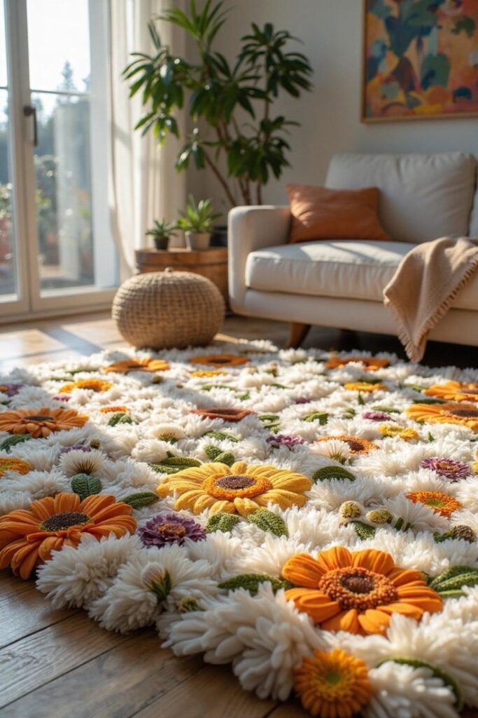 Colorful floral rug decorates a bright living room with cozy sofa and plants, creating a warm, inviting space.