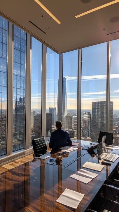 _ 14 - Handy Home Person in office overlooks city skyline through floor-to-ceiling windows, seated at a conference table with documents and a laptop.