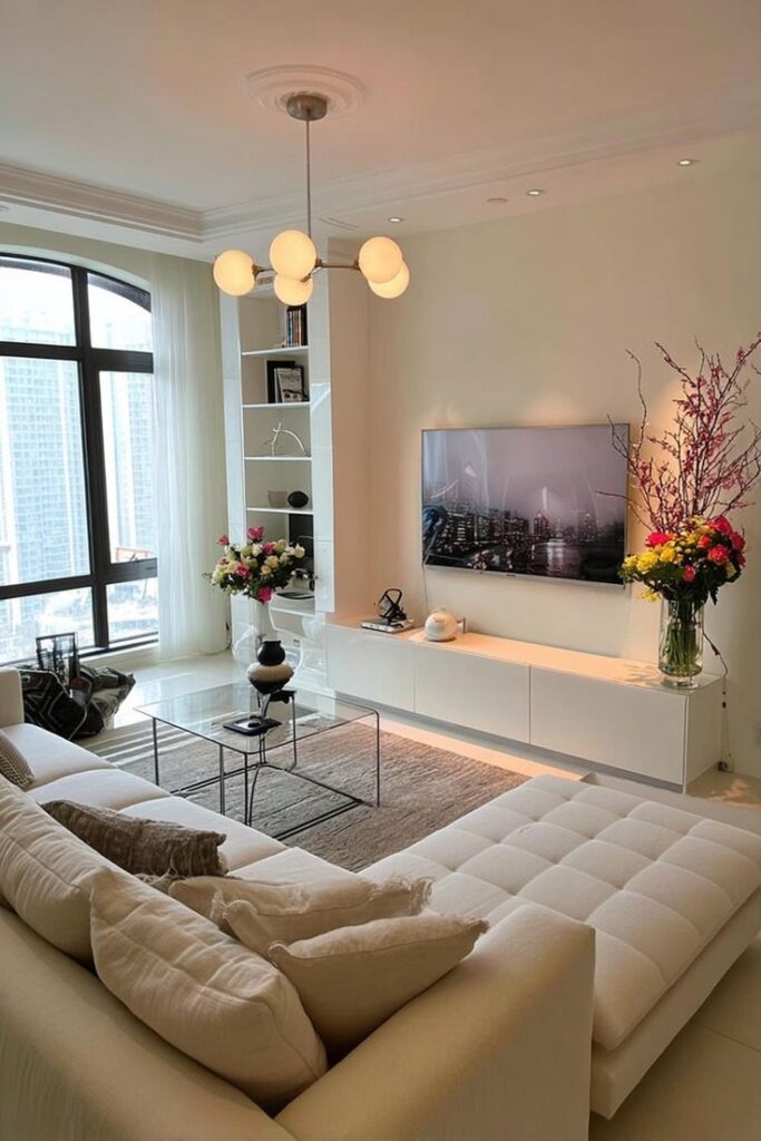 15 Small Living Room Ideas - Handy Home Modern living room with beige sofa, glass coffee table, flowers, and wall-mounted TV, brightened by large window and chic lighting.