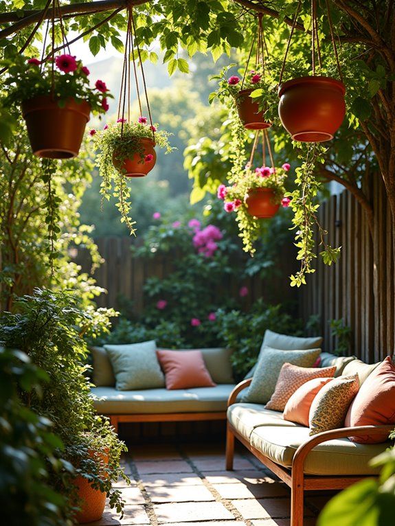 15 Townhouse Backyard Ideas - A Garden Diary Serene garden setting with cozy seating, colorful cushions, and hanging flower pots under lush greenery. Perfect for relaxation. - Handy Home Serene garden setting with cozy seating, colorful cushions, and hanging flower pots under lush greenery. Perfect for relaxation.