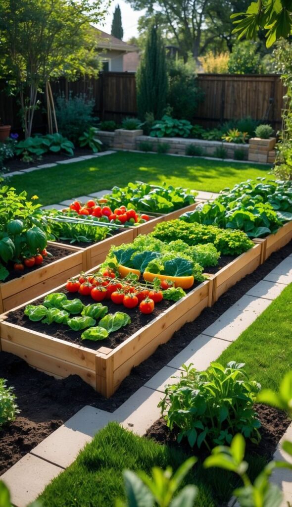 16 Functional Backyard Layout Ideas _ TheGrow Lush vegetable garden with raised beds featuring tomatoes, lettuce, and peppers, surrounded by vibrant greenery on a sunny day. - Handy Home Lush vegetable garden with raised beds featuring tomatoes, lettuce, and peppers, surrounded by vibrant greenery on a sunny day.
