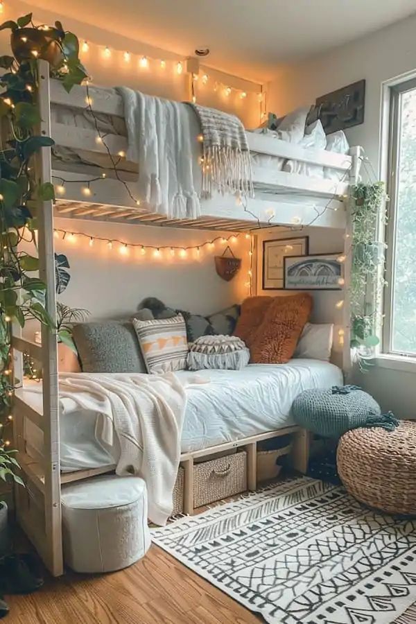 16 Snug Dorm Room Ideas for a Cozy and Inviting Atmosphere Cozy bedroom with bunk bed, string lights, and boho decor. Cushions and blankets create a warm, inviting space. - Handy Home Cozy bedroom with bunk bed, string lights, and boho decor. Cushions and blankets create a warm, inviting space.