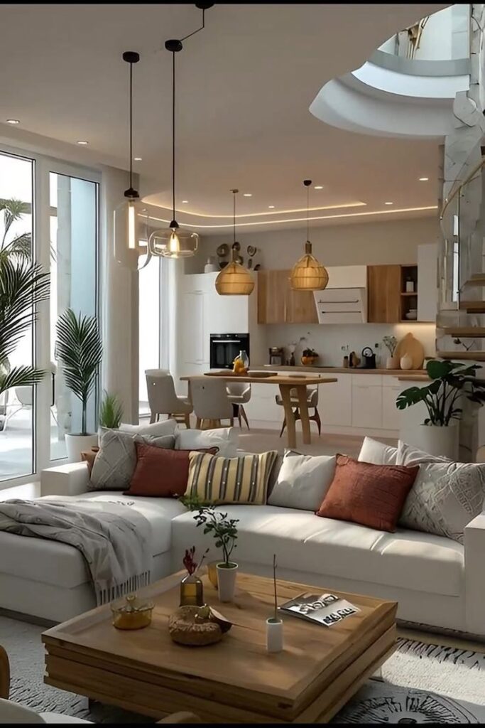 16M views 295K likes _ Reel by House Designs 24 - Handy Home Modern open-plan living room and kitchen with cozy decor, large windows, and pendant lights, creating a warm, inviting atmosphere.