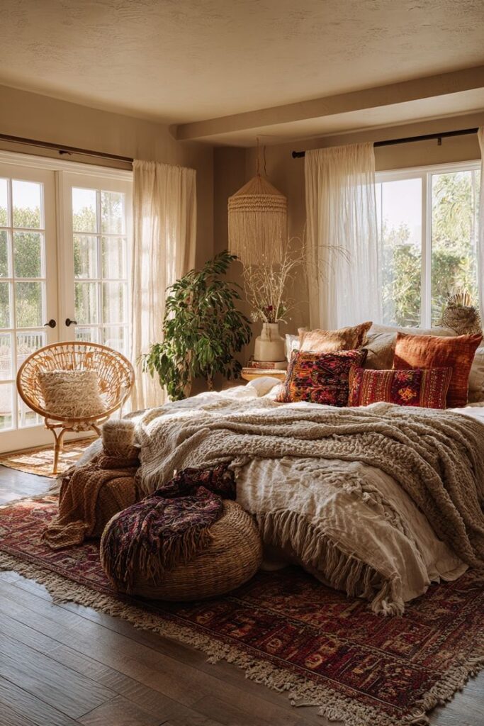 Cozy bohemian bedroom with natural decor, woven chair, plush pillows, and large windows letting in sunlight, creating a tranquil retreat.