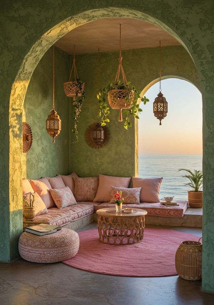 Cozy Mediterranean nook with pink cushions, hanging plants, and ocean view. Perfect for relaxation and serenity by the sea.
