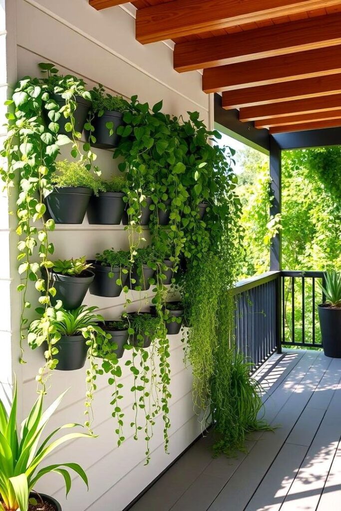 22 Porch Greenhouse Ideas_ Grow Plants in Compact Spaces Vertical garden with lush green potted plants on a sunny modern balcony, enhancing outdoor living space. - Handy Home Vertical garden with lush green potted plants on a sunny modern balcony, enhancing outdoor living space.