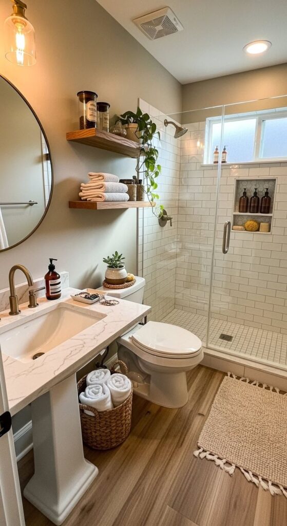 23 Beautiful Cozy Apartment Bathroom Designs - Handy Home Modern bathroom with a glass shower, floating shelves, and stylish fixtures. Wood floors and white tiles create a fresh, inviting look.