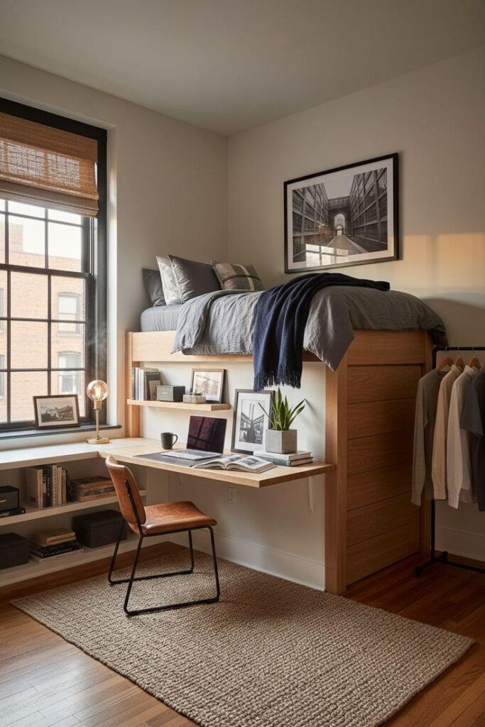 24+ Dorm Room Ideas for Guys with Student Room Aesthetic Tips_ Modern loft bedroom with wooden furniture, a cozy workspace with a desk under the bed, and a large window with natural light. - Handy Home Modern loft bedroom with wooden furniture, a cozy workspace with a desk under the bed, and a large window with natural light.