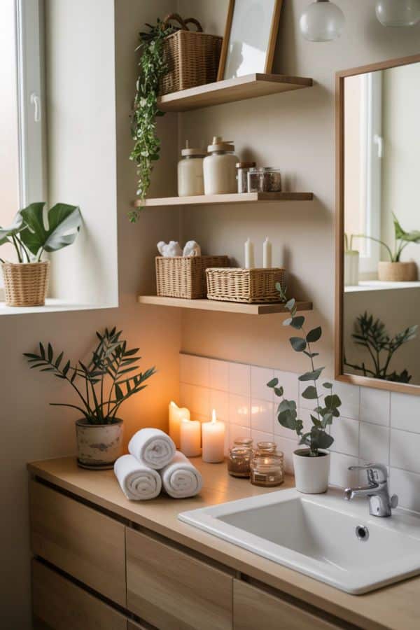 25 Bathroom Decor Ideas To Transform Your Bathroom - Handy Home Cozy bathroom with plants, candles, rolled towels, and wicker baskets on wooden shelves, creating a serene spa-like atmosphere.