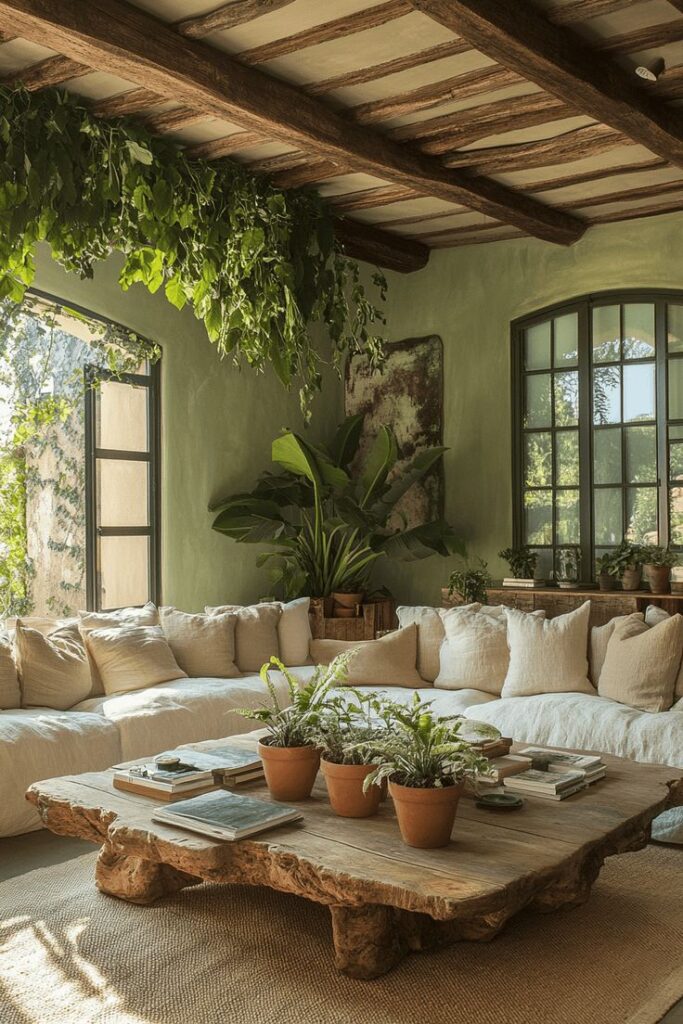 25 Earthy Living Room Designs That Bring Nature Inside Cozy living room with rustic wood coffee table, white sectional sofa, lush green plants, and large windows for natural light. - Handy Home Cozy living room with rustic wood coffee table, white sectional sofa, lush green plants, and large windows for natural light.