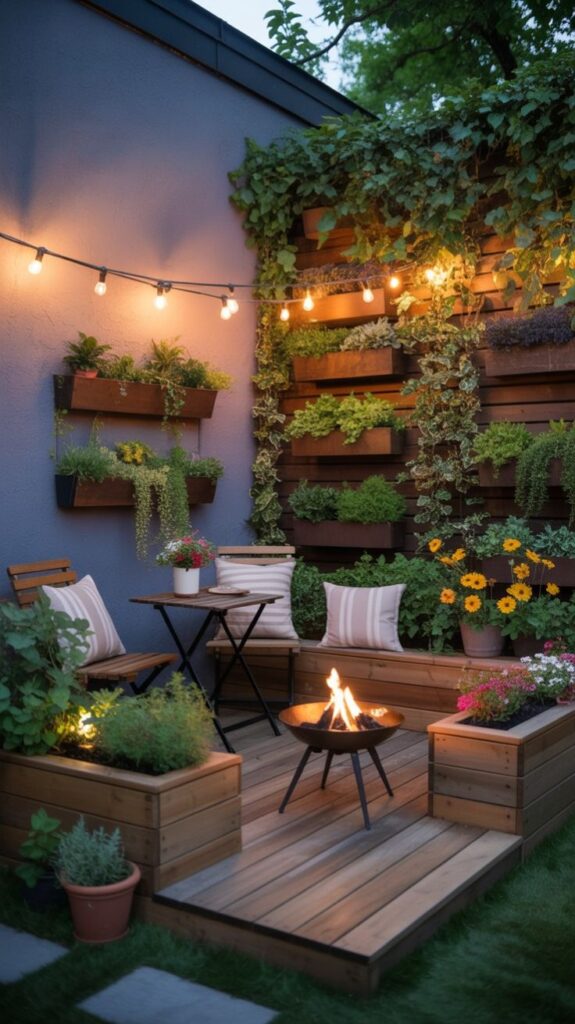 27 Small Backyard Ideas That Feel Bigger Cozy garden patio with string lights, fire pit, and lush vertical wall garden. Ideal for relaxing evenings. - Handy Home Cozy garden patio with string lights, fire pit, and lush vertical wall garden. Ideal for relaxing evenings.