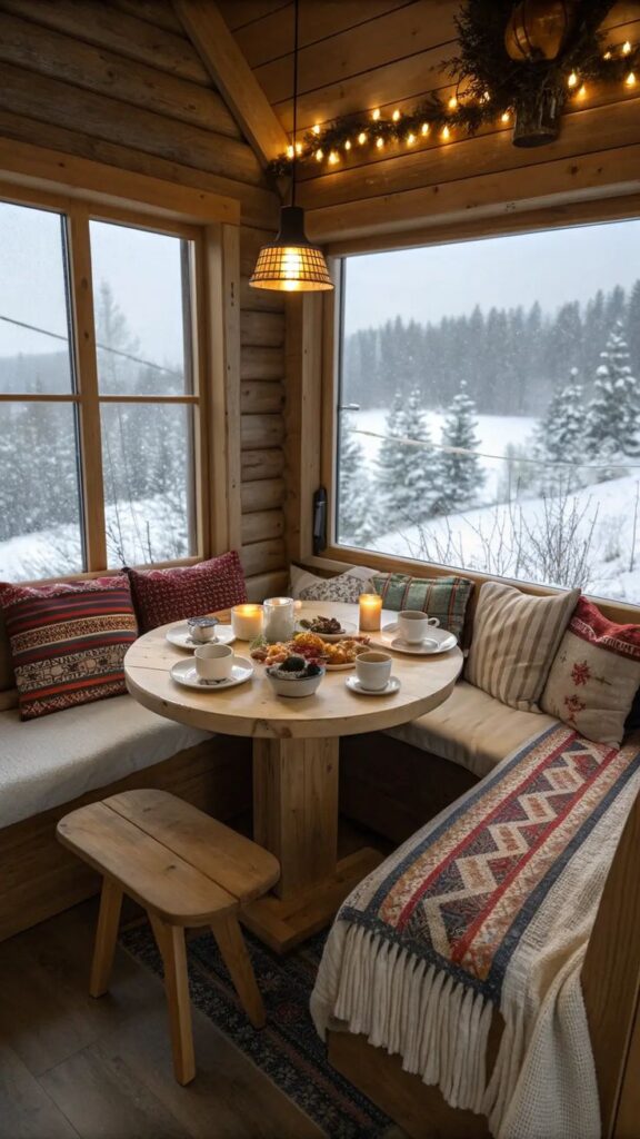 28+ Comforting Interiors That Brighten Chilly Cabin Days Cozy cabin interior with a wooden table set for breakfast, surrounded by snow-covered trees outside the large windows. - Handy Home Cozy cabin interior with a wooden table set for breakfast, surrounded by snow-covered trees outside the large windows.