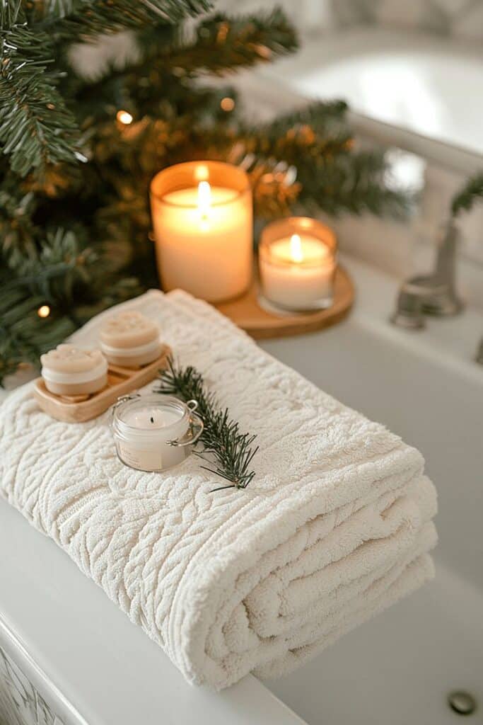 28 Dreamy Apartment Holiday Designs That Radiate Warmth - Handy Home Cozy bathroom scene with candles, a white towel, and a pine branch, creating a tranquil holiday ambiance.