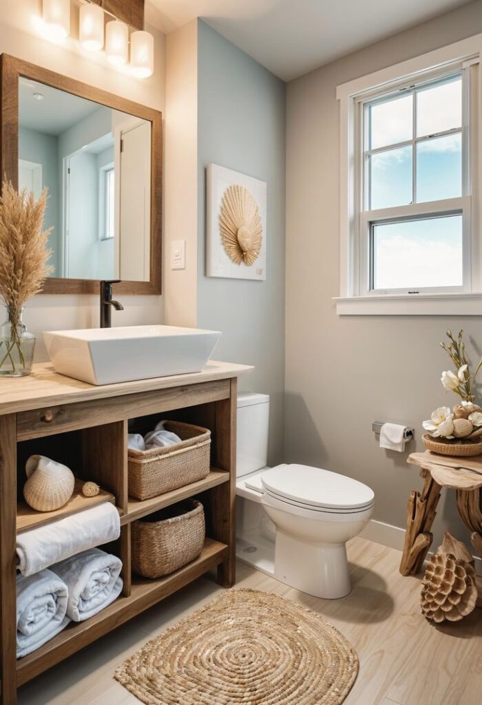 29 Breathtaking Bathroom Decor Ideas To Revamp Your Space - Lovely Harbor - Handy Home Modern bathroom with natural decor, wicker baskets, white basin, and wooden accents. Coastal design with window view and warm lighting.