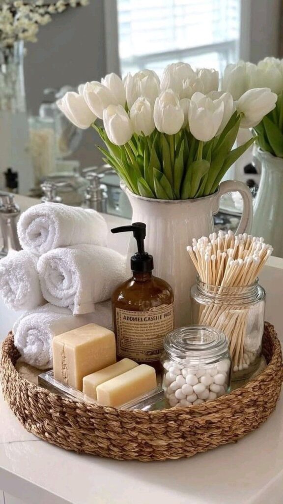 295d4afa-596c-40a8-89e0-3fe0ee6e3af8 - Handy Home Bathroom decor with white tulips, rolled towels, liquid soap, cotton swabs, and soaps on a wicker tray for a fresh, elegant look.