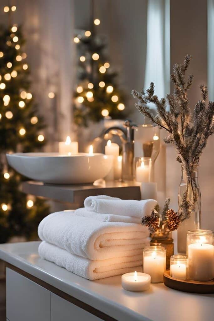 30 Cozy Winter Decor Ideas to Warm Up Your Home - Handy Home Cozy bathroom setup with candles and festive lights, featuring white towels and elegant holiday decorations. Perfect relaxation ambiance.