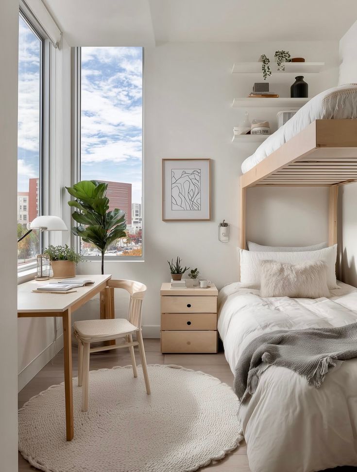 30 Dorm Room Ideas 2026_ Stylish Cute and Practical Decor Inspiration - placeideal_com Minimalist dorm room with loft bed, study desk, and plants. Bright natural light from large windows. Cozy and modern decor. - Handy Home Minimalist dorm room with loft bed, study desk, and plants. Bright natural light from large windows. Cozy and modern decor.