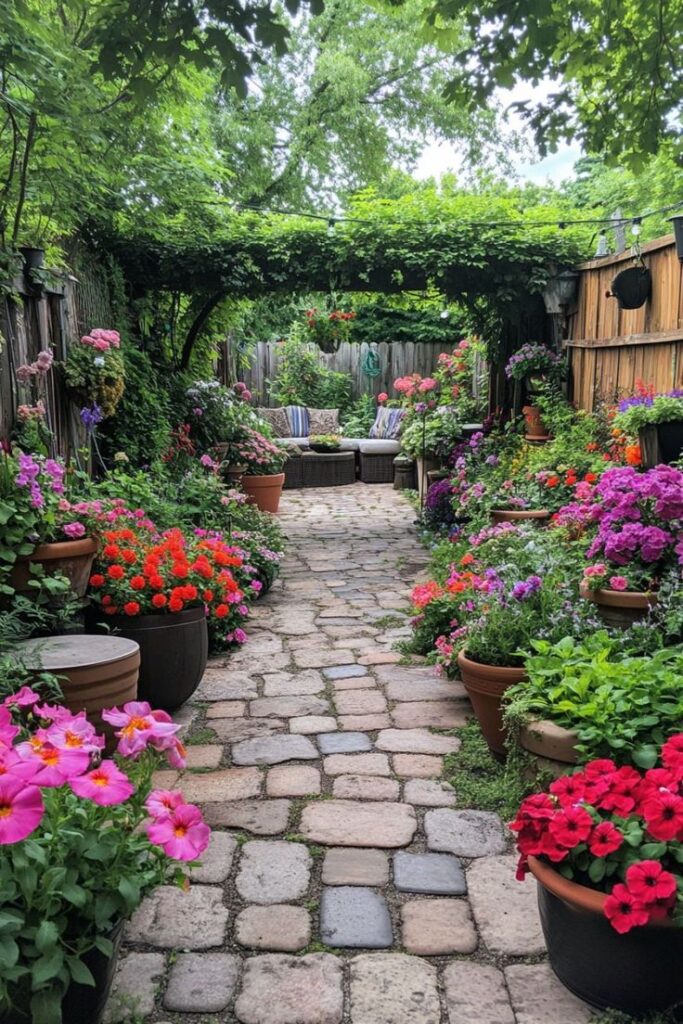 36 Stunning Garden Designs for a Breathtaking Backyard Lush garden path with colorful flowers in pots, leading to a cozy seating area under a leafy archway, ideal for relaxation. - Handy Home Lush garden path with colorful flowers in pots, leading to a cozy seating area under a leafy archway, ideal for relaxation.
