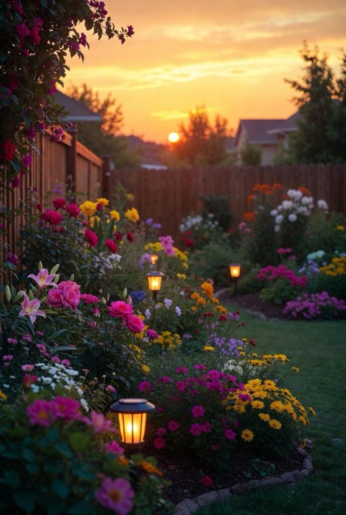 37 Stunning Backyard Flower Garden Ideas Youll Want to Try This Season - Spesh View Colorful garden blooms at sunset with warm lighting. Illuminated flower path creates a serene outdoor ambiance. - Handy Home Colorful garden blooms at sunset with warm lighting. Illuminated flower path creates a serene outdoor ambiance.