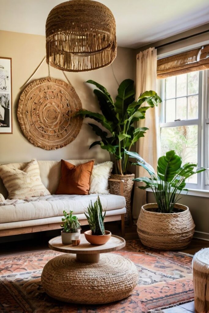 Bohemian living room with woven decor, lush plants, natural light, and cozy sofa, enhancing an earthy, tranquil ambiance.