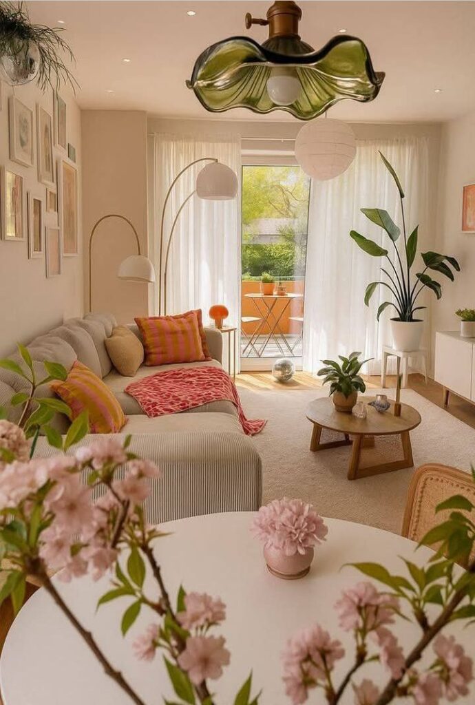 Cozy living room with pastel decor, plants, and a balcony view. Soft lighting creates a warm, inviting atmosphere.