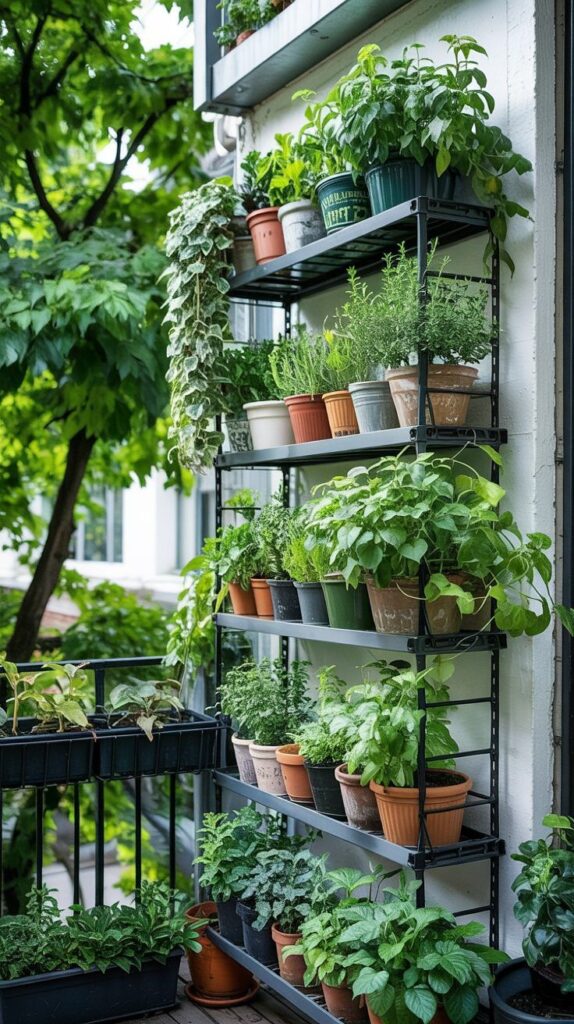 42+ Balcony Garden Ideas_ From Boring to Beautiful - Grow Your Yard Lush balcony herb garden with potted plants on shelves, perfect for urban gardening and growing fresh herbs at home. - Handy Home Lush balcony herb garden with potted plants on shelves, perfect for urban gardening and growing fresh herbs at home.